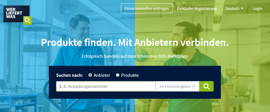 Startseite der Plattform „Wer liefert was?“ zum Finden von Anbietern.