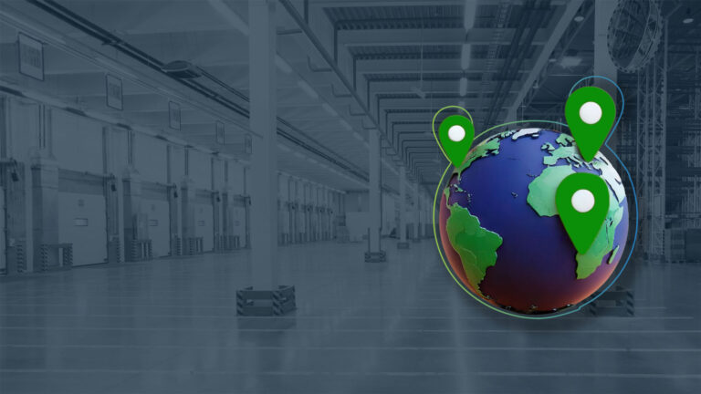 Preview image for the subpage “Location search and logistics real estate.” The image shows a warehouse in the background and a globe with location pins in the foreground.