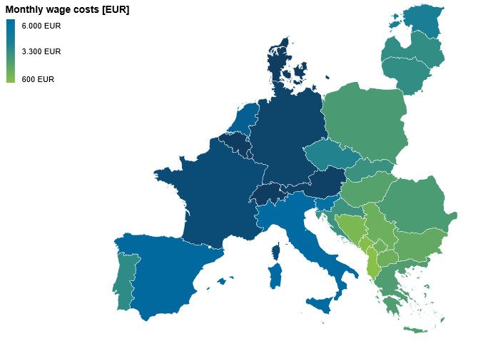 The chart shows the average monthly wage costs in Europe in 2023.