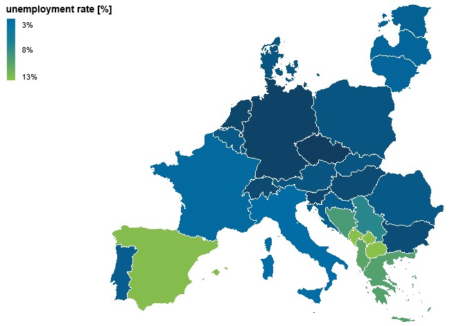 Figure 2 shows the average unemployment rates in Europe in 2023.