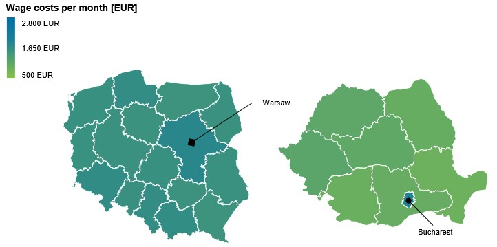 The figure shows the average monthly wage costs in Poland and Romania