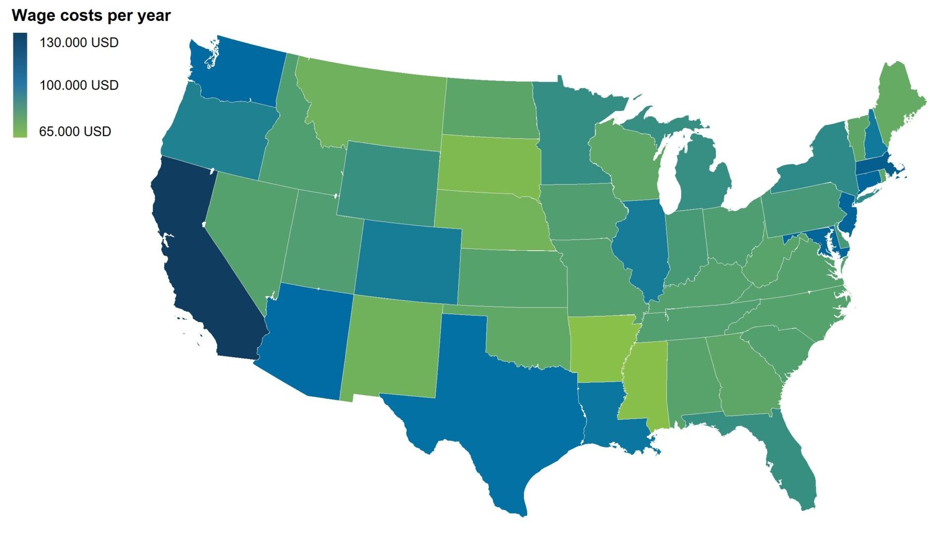 The chart shows the average labor costs per year in the USA by region.