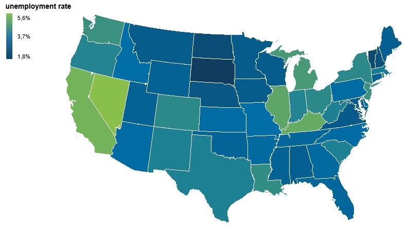 The chart shows the unemployment rates in the USA in 2024 by region