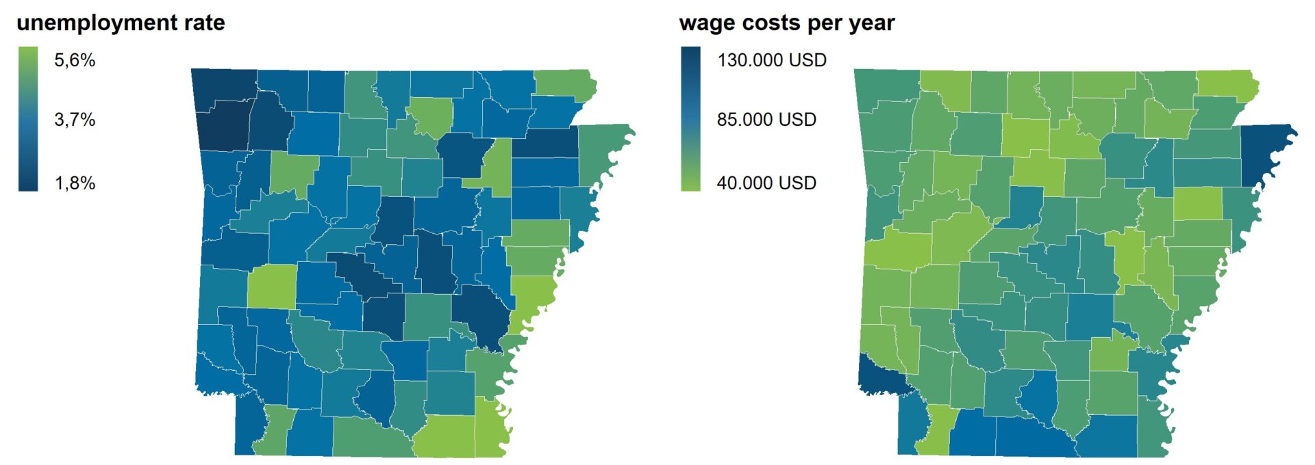 The figure shows the unemployment rate and labor costs at the county level in the state of Arkansas.