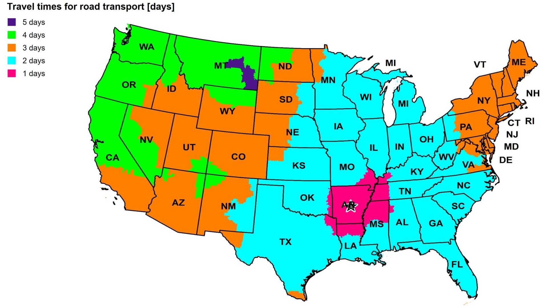 The figure shows the transit times of road transportation in the USA starting from Little Rock.
