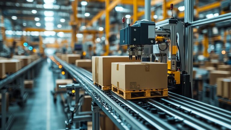 Die Abbildung zeigt das Titelbild zum Blogartikel "Produktionskosten reduzieren": Ein hochmoderner Roboterarm bewegt in einer modernen Fabrik effizient Kartons auf einem Förderband.
