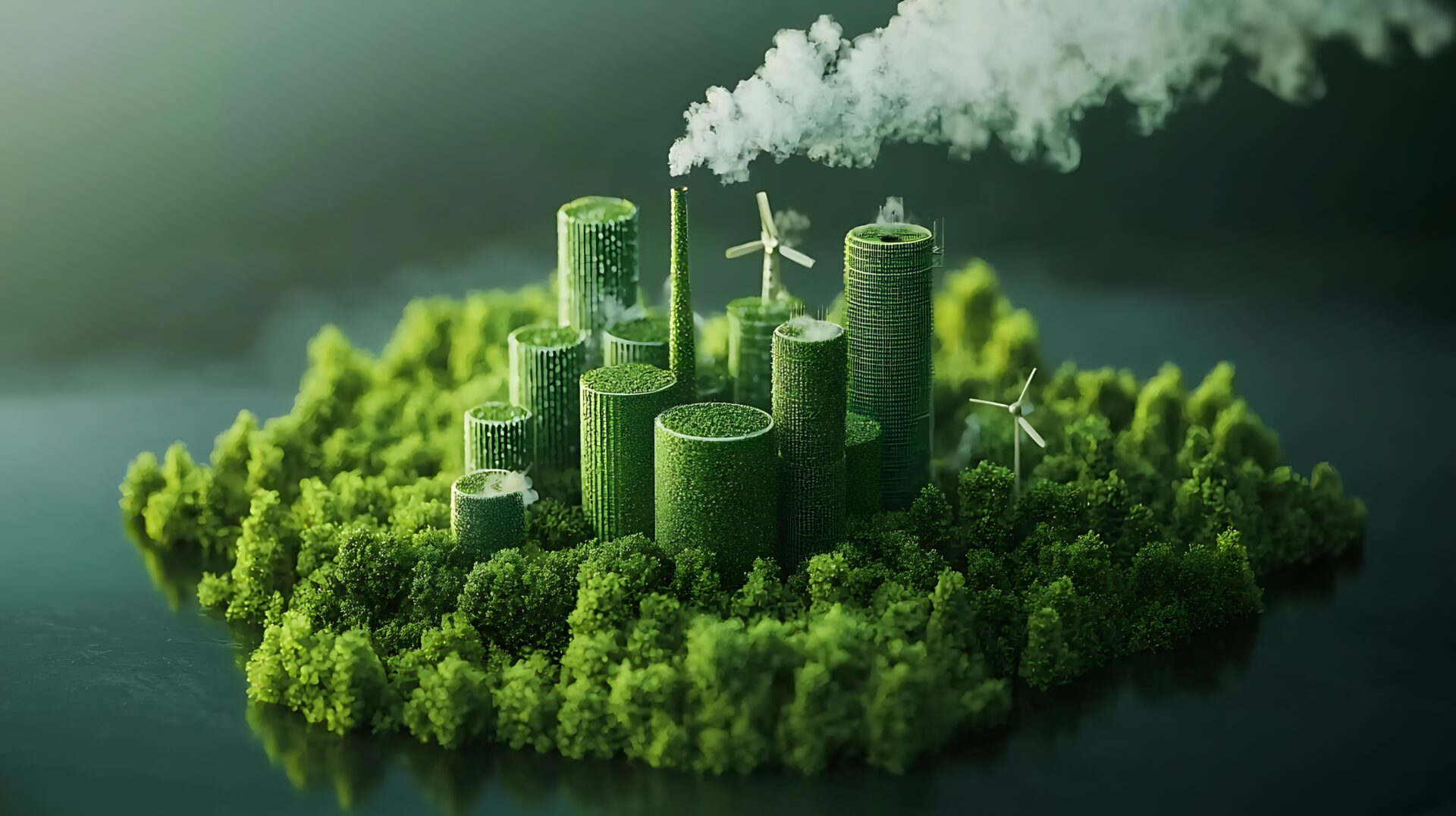 Illustration einer nachhaltigen Fabrik mit begrünten Gebäuden, Windrädern und dichter Vegetation.