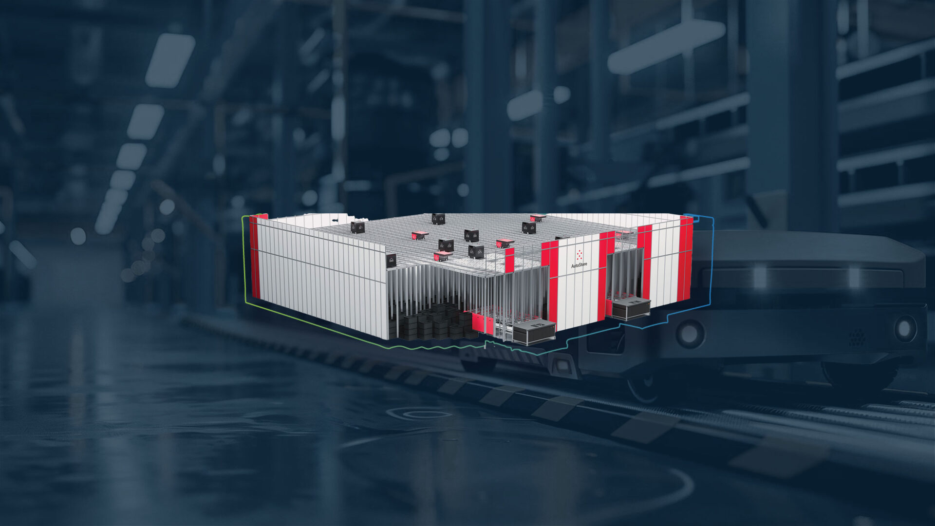 Beitragsbild zum automatisierten Lagersystem Autostore. Auf dem Bild ist ein Autostore Lager zu sehen.