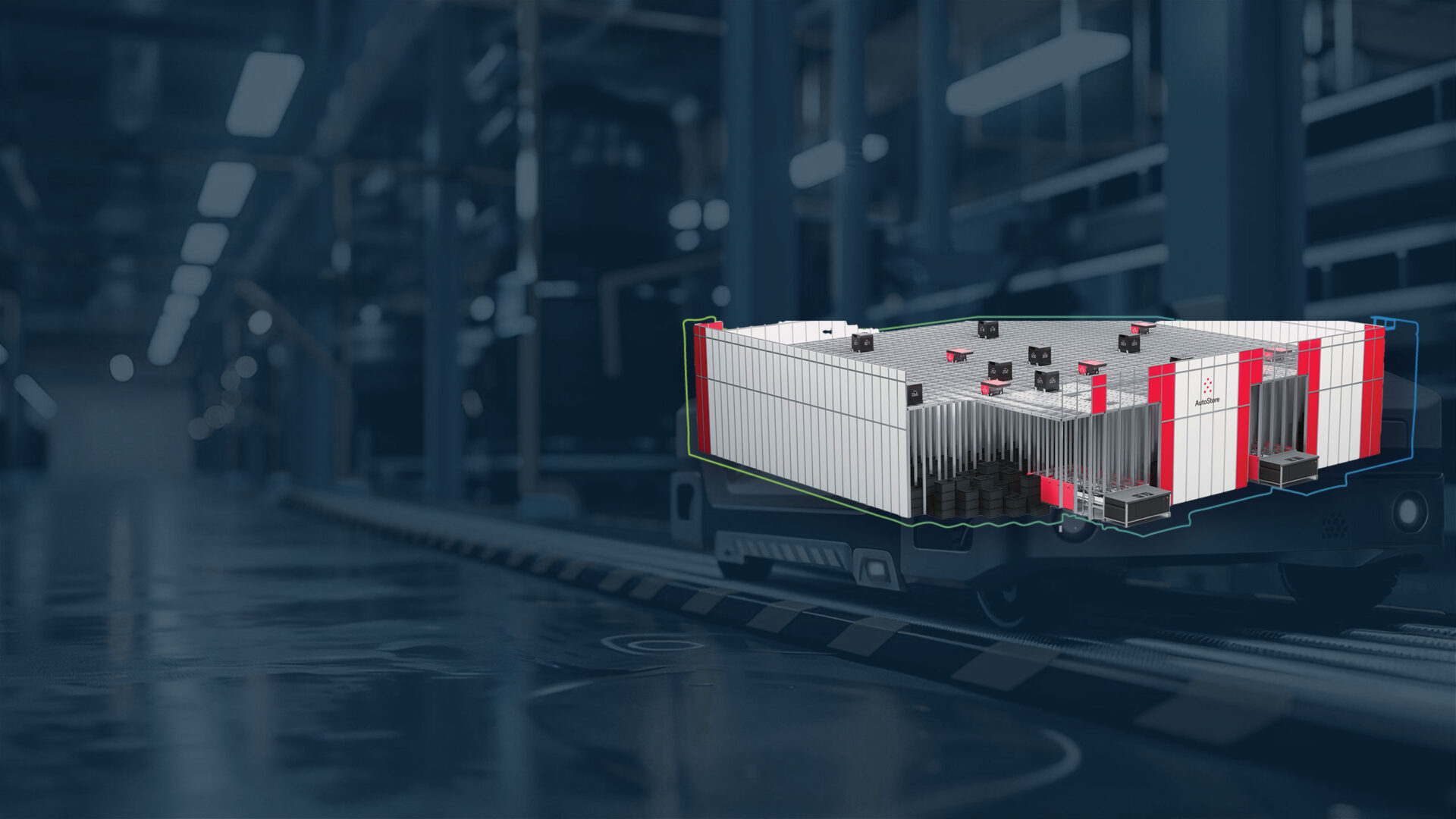 Header zum automatisierten Lagersystem Autostore. Auf dem Bild ist ein Autostore Lager zu sehen.