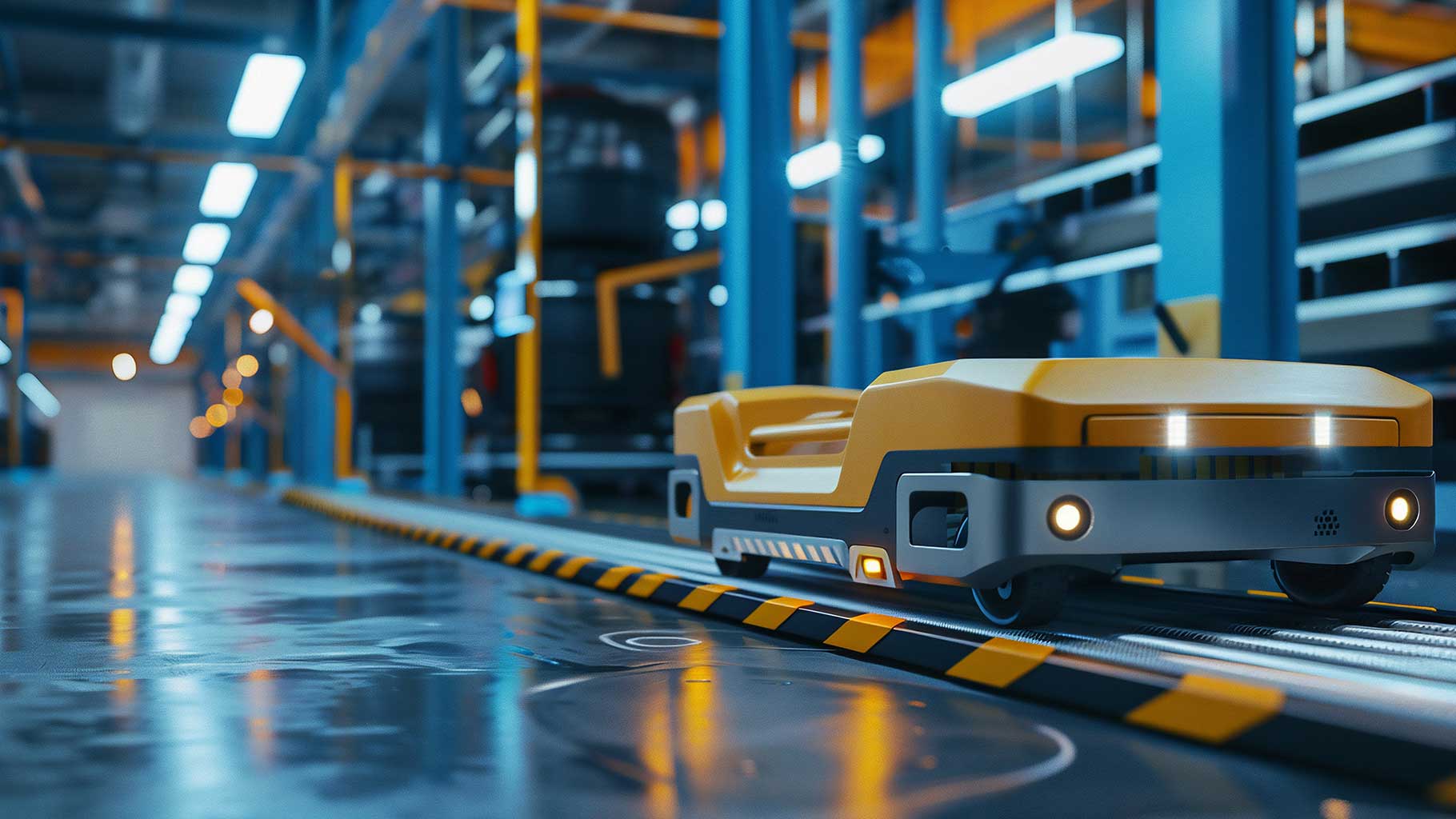Das Titelbild zeigt Fahrerlose Transportfahrzeuge in der Fabrik