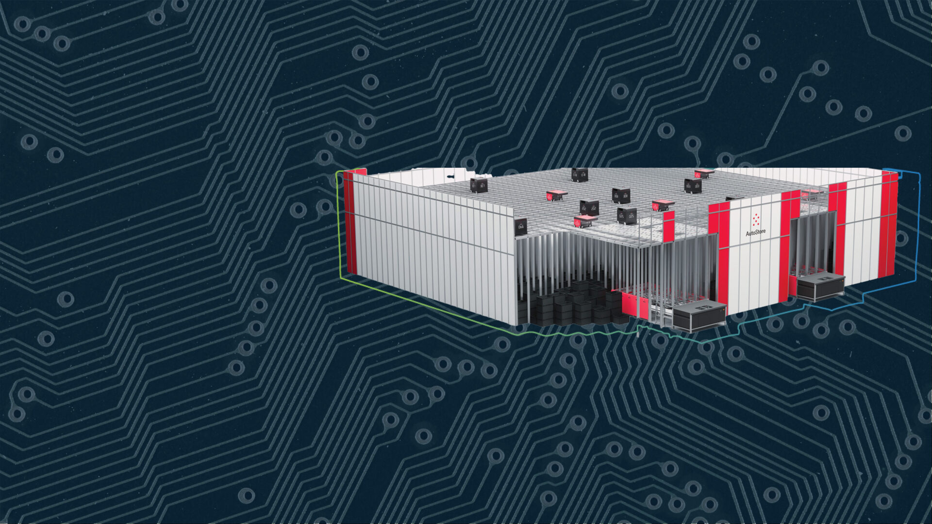 Header zum automatisierten Lagersystem Autostore. Auf dem Bild ist ein Autostore Lager zu sehen.