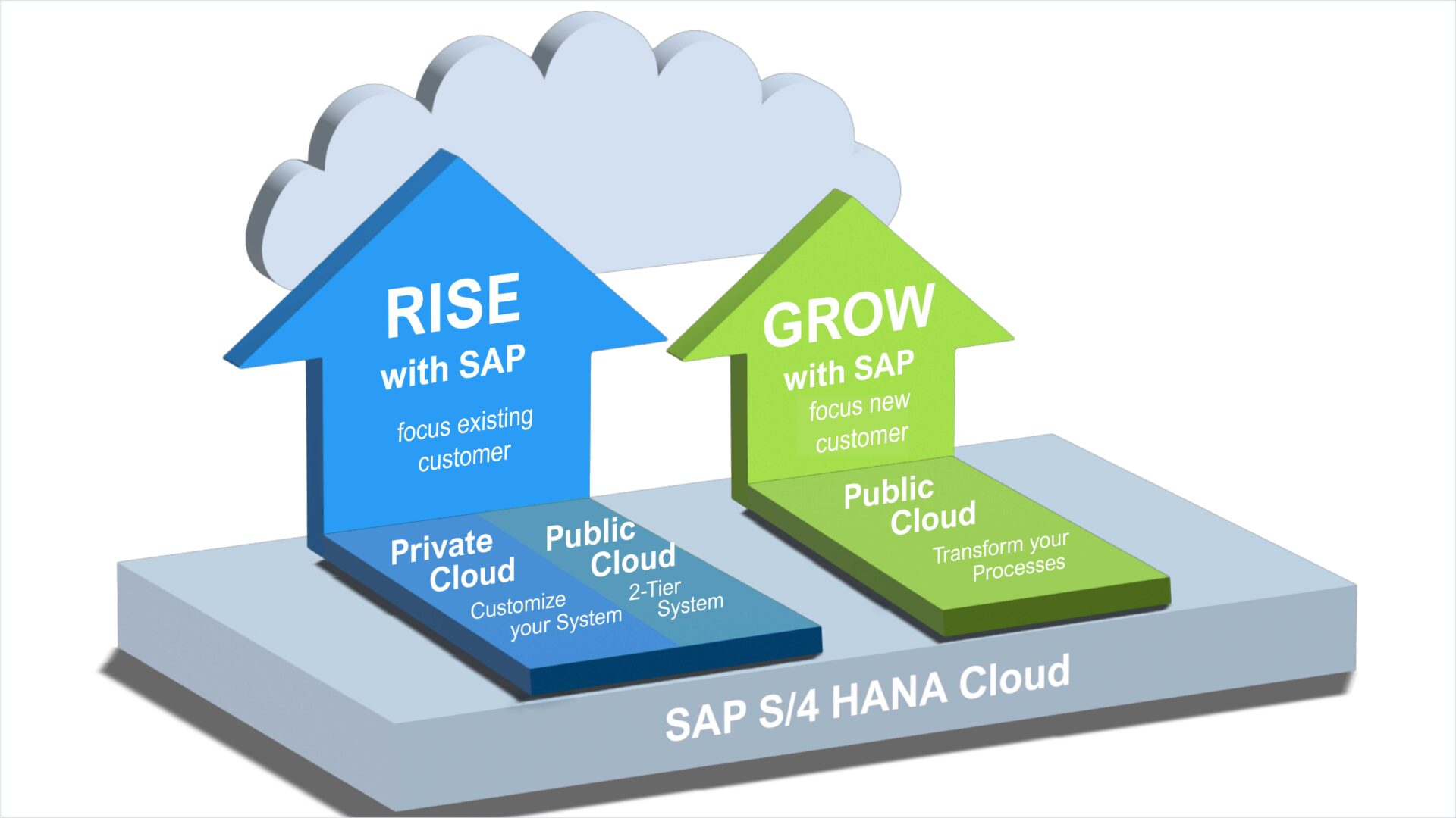 The illustration symbolises Rise and Grow with SAP S/4 HANA Cloud