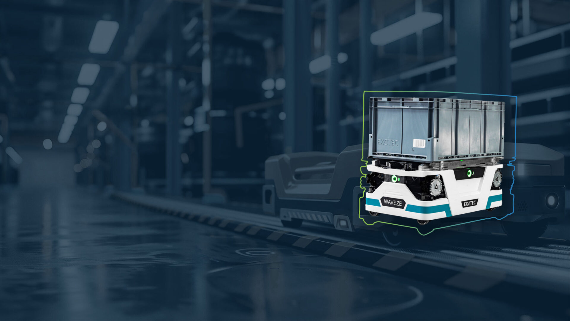 Das Bild zeigt ein Exotec Roboter eingebettet im Rothbaum Design.