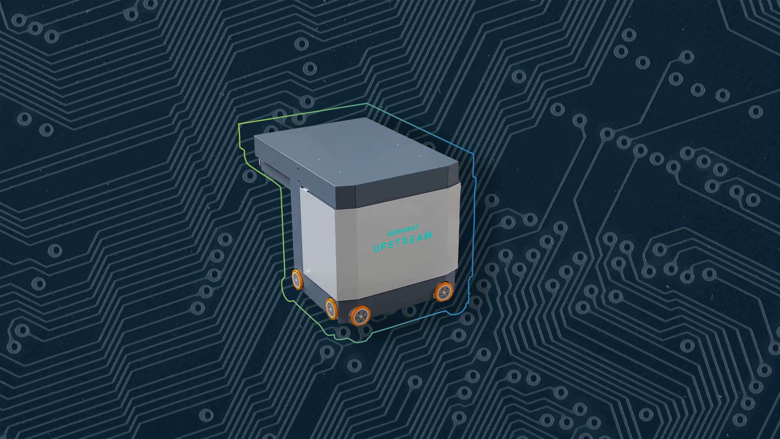 Beitragsbild zum automatisierten Lagersystem Upstream. Das Bild zeigt einen der Roboter.
