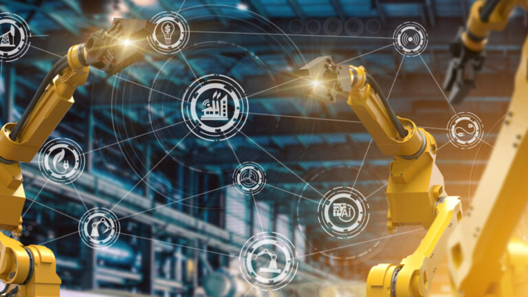 Auf dem sind automatische Roboterarmmaschinen in der intelligenten Fabrikindustrie zu sehen.