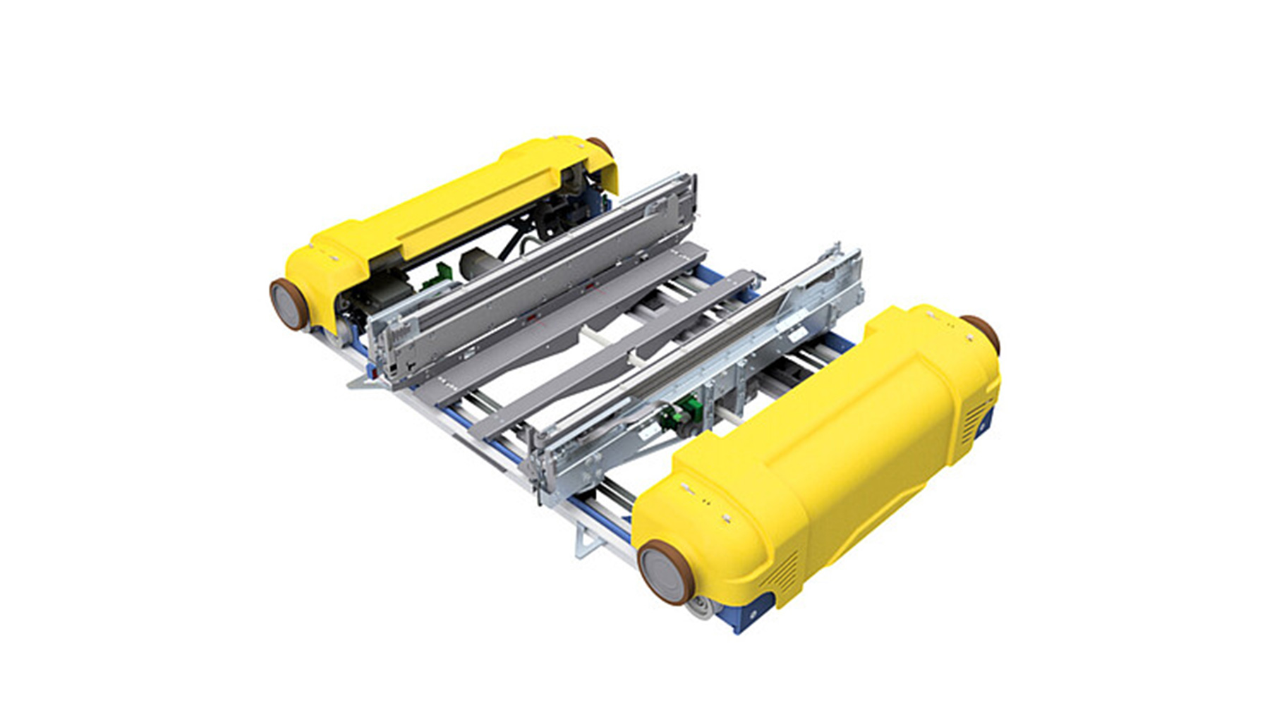 Das Bild zeigt ein Beispiel eines Shuttels mit verstellbaren Teleskopgreifern für Sonderbehälter.