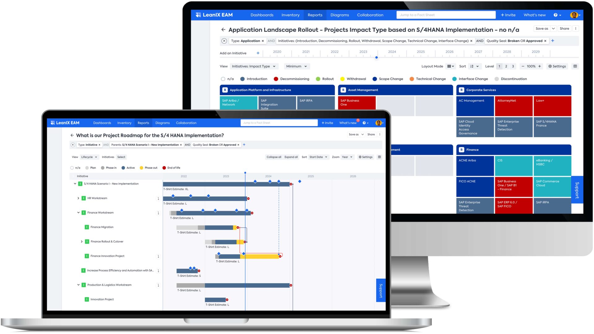 Das Bild zeigt Ausschnitte aus LeanIX EAM in einem Monitor.
