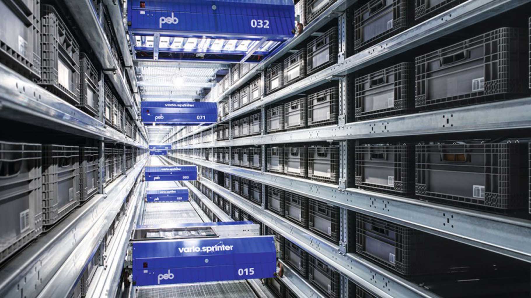 Das Bild zeigt ein Projektbeispiel AKL mit One-Level Shuttel mit bis zu 3.750 Doppelspielen pro Stunde pro Gasse.