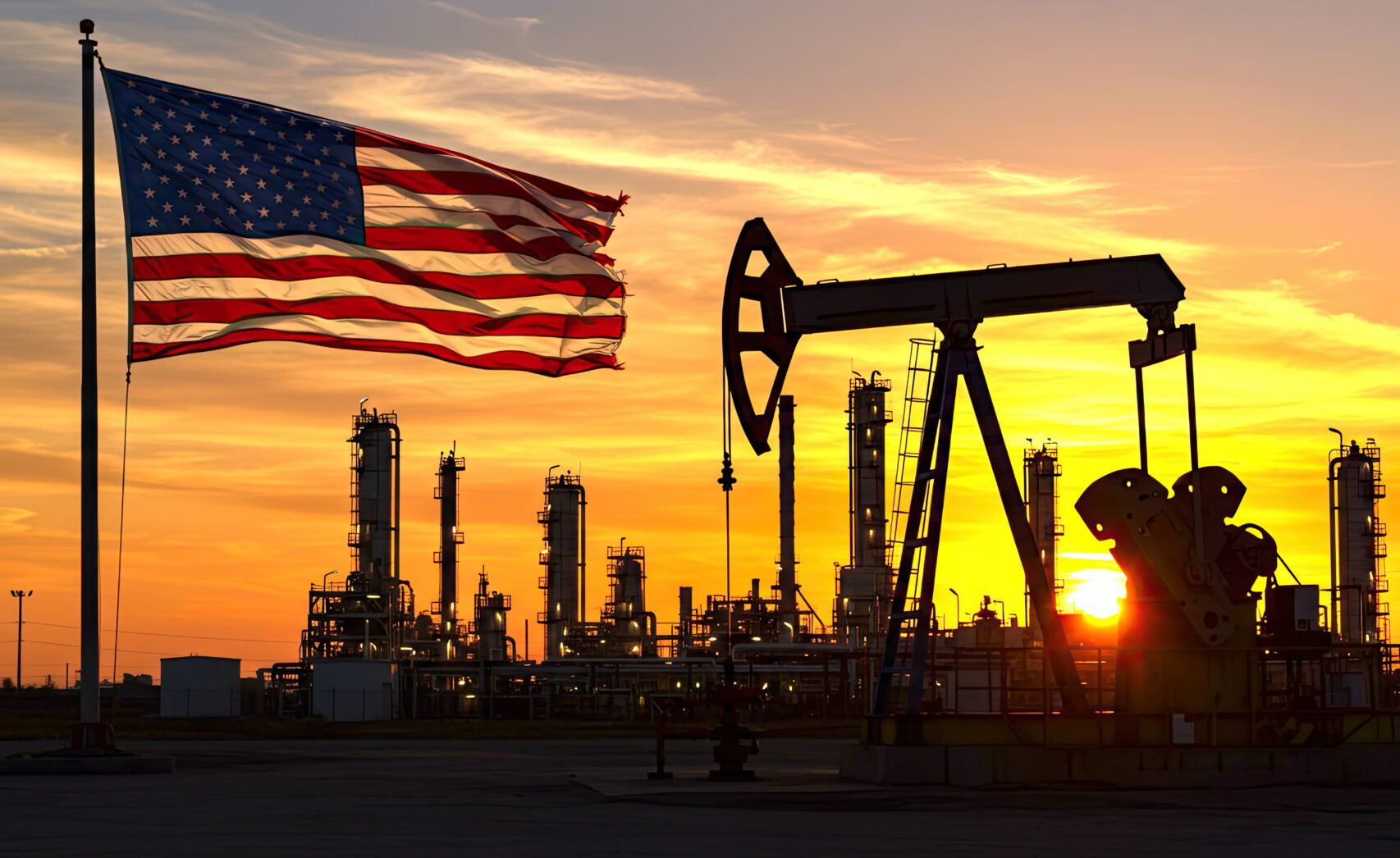 Das Bild zeigt ein Fabrikgelände bei Sonnenuntergang und im Vordergrund eine USA-Flagge wehen.