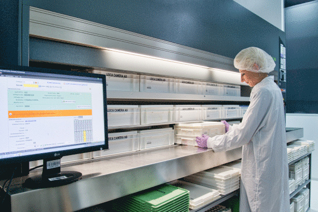 Das Bild zeigt ein Beispiel einer Kommissionierstation mit Umlaufregal innerhalb eines Umlaufsystems.