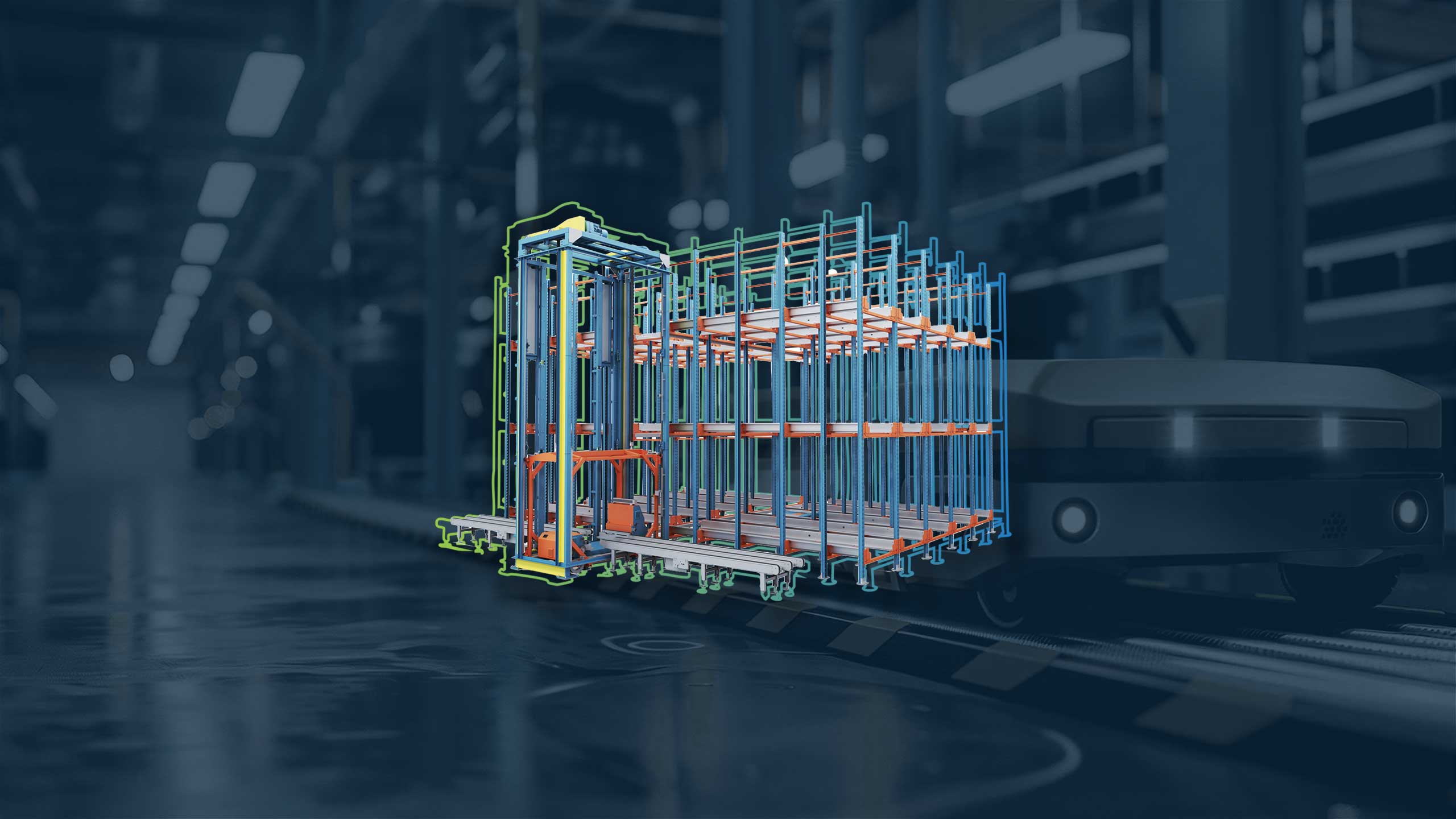 Das Bild zeigt ein automatisches Palettenlager im Rothbaum Stil mittig platziert.