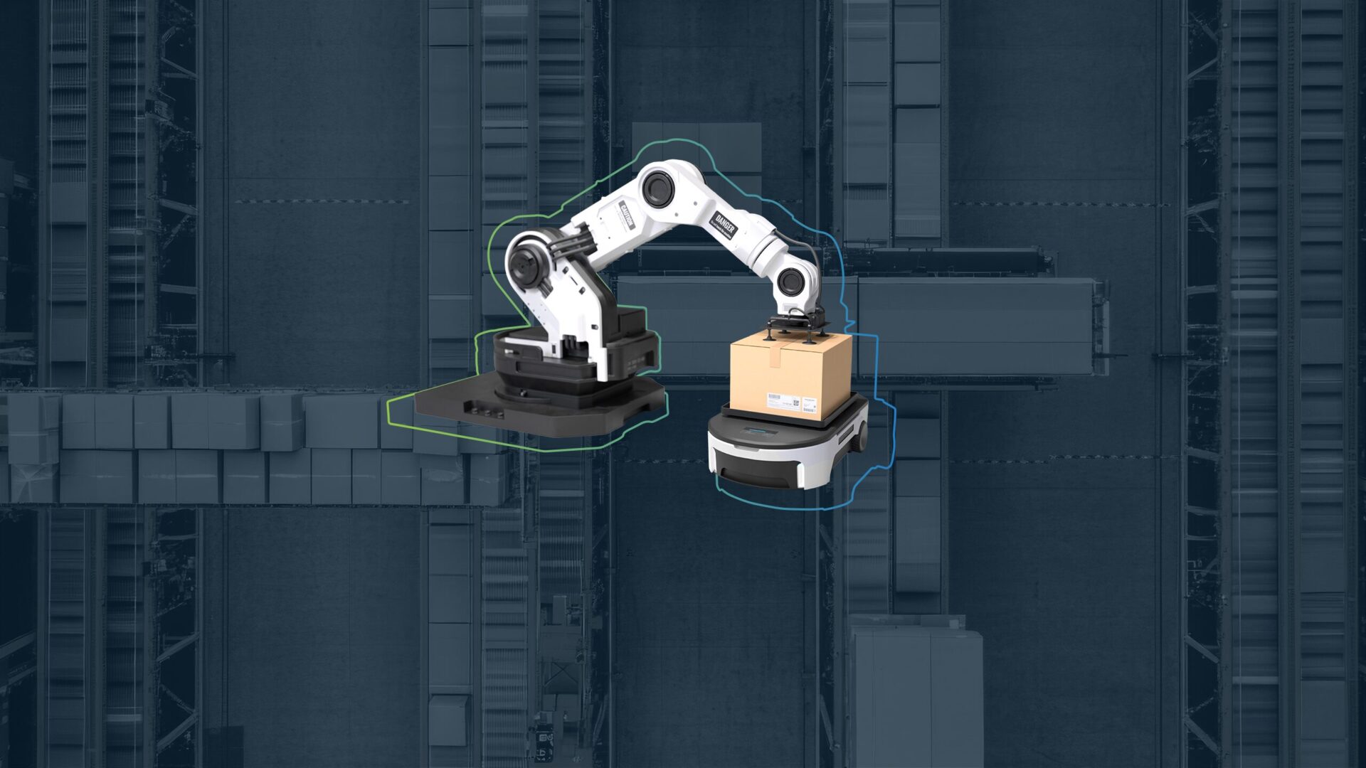 Fahrender Roboter mit Karton.