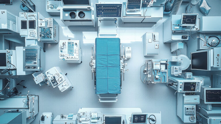 OP-Tisch umgeben von medizinischen Geräten und Monitoren in einem Operationssaal