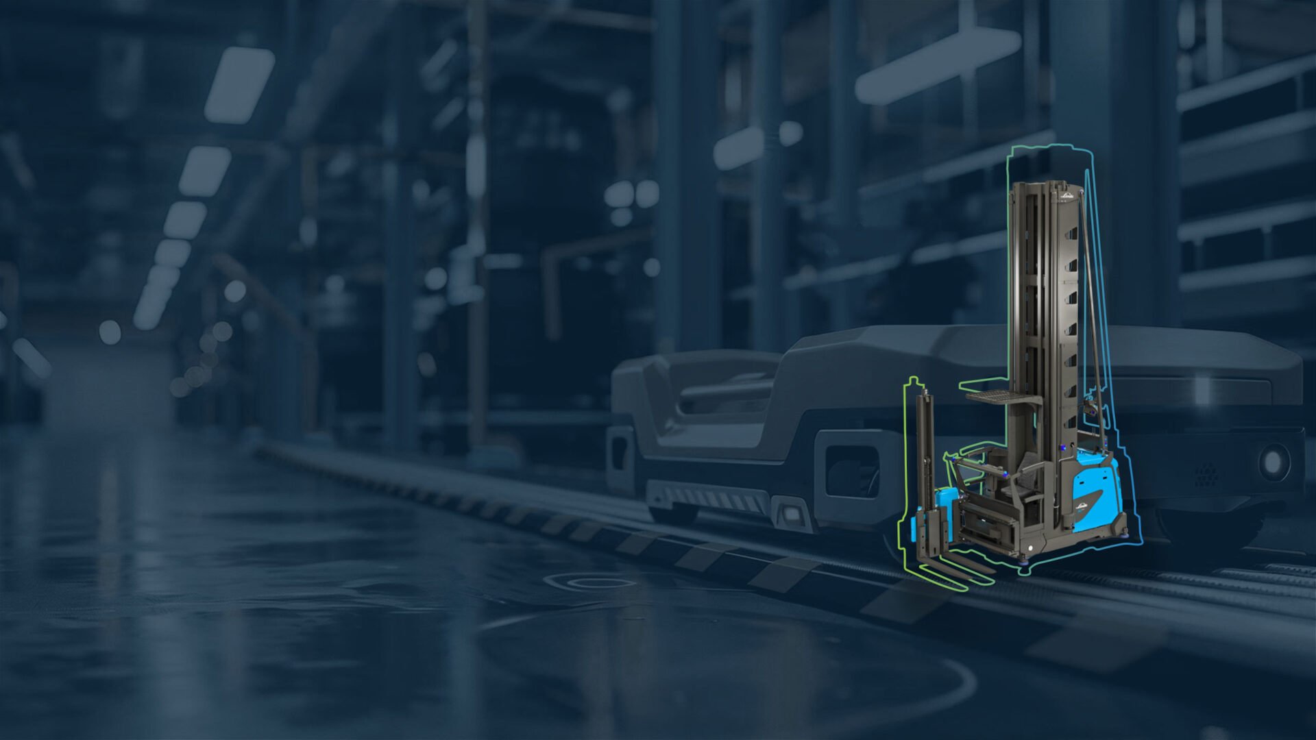 Das Bild zeigt seitlich platziert ein fahrerloses Transportsystem eines Schmalganglagers.