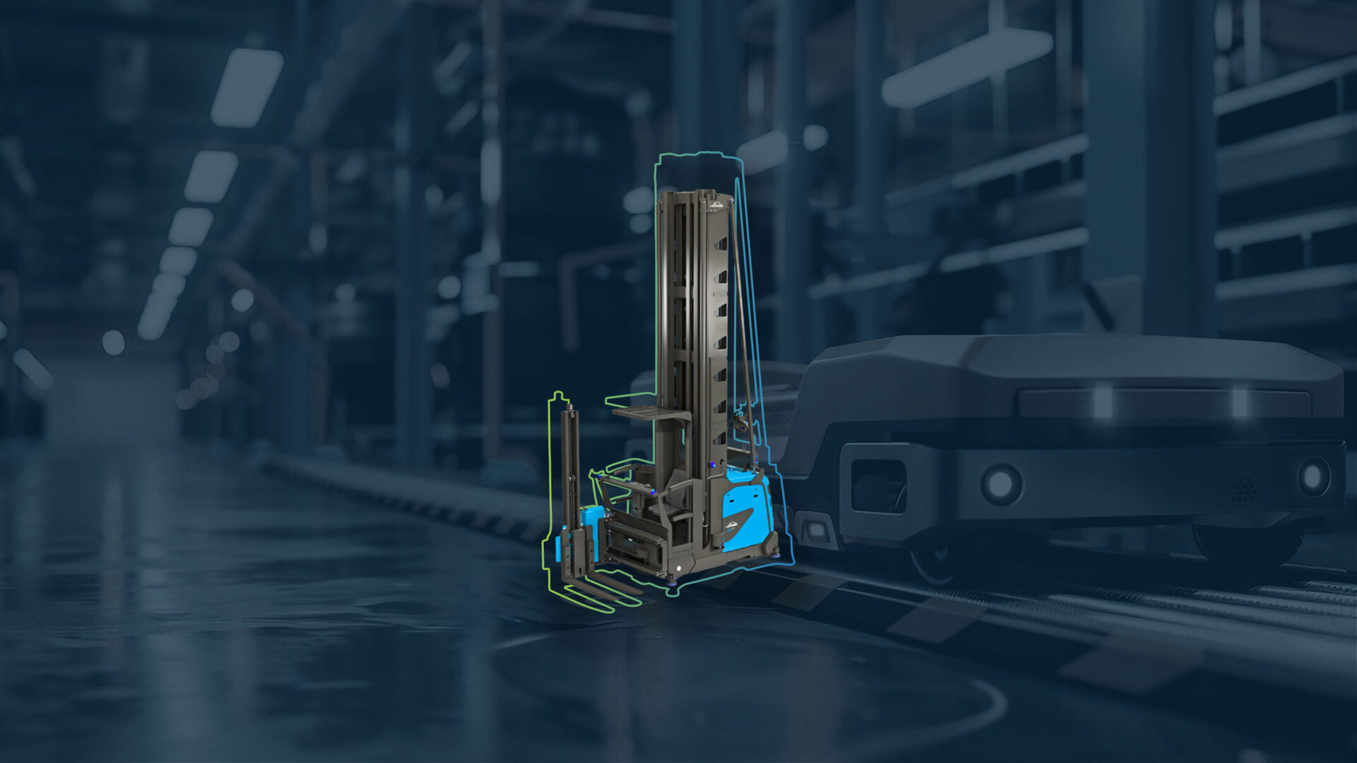 Das Bild zeigt mittig platziert ein fahrerloses Transportsystem eines Schmalganglagers.