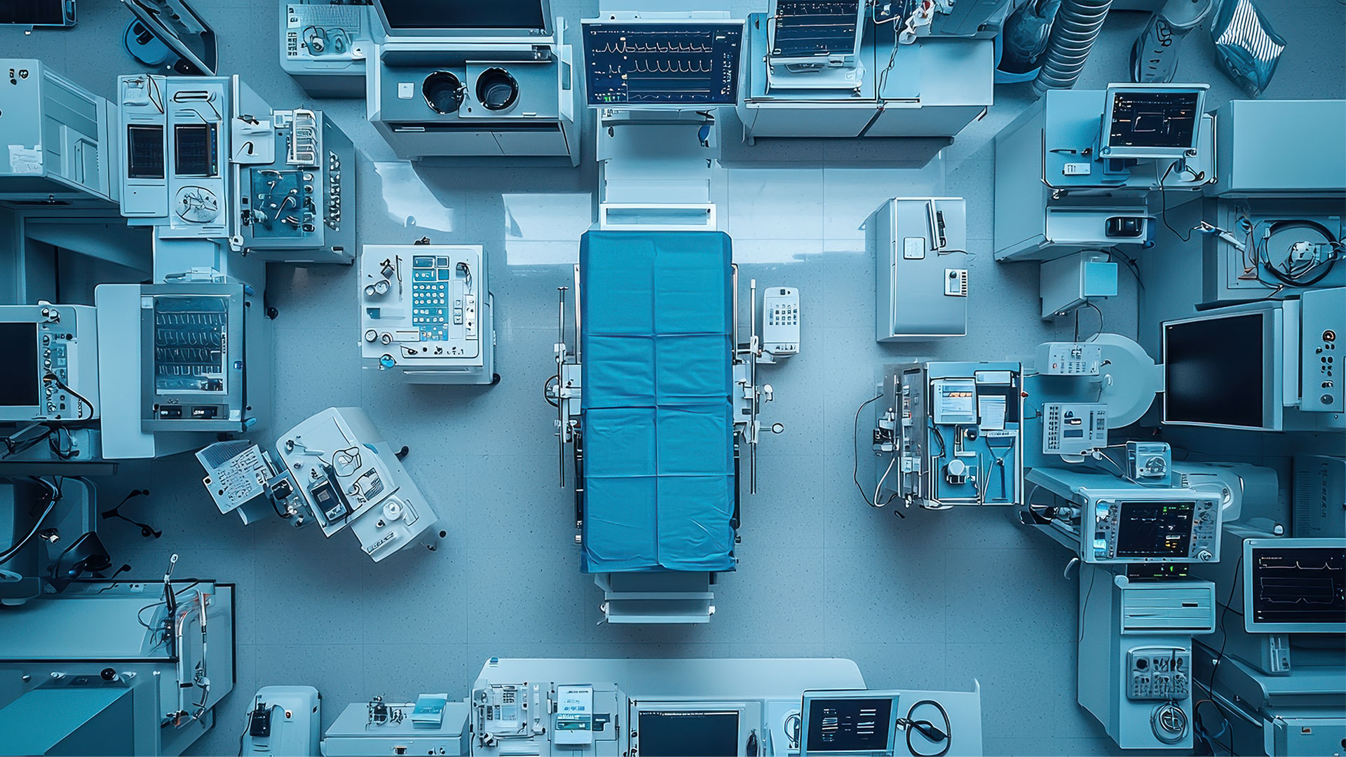 Operating table surrounded by medical equipment and monitors in an operating room