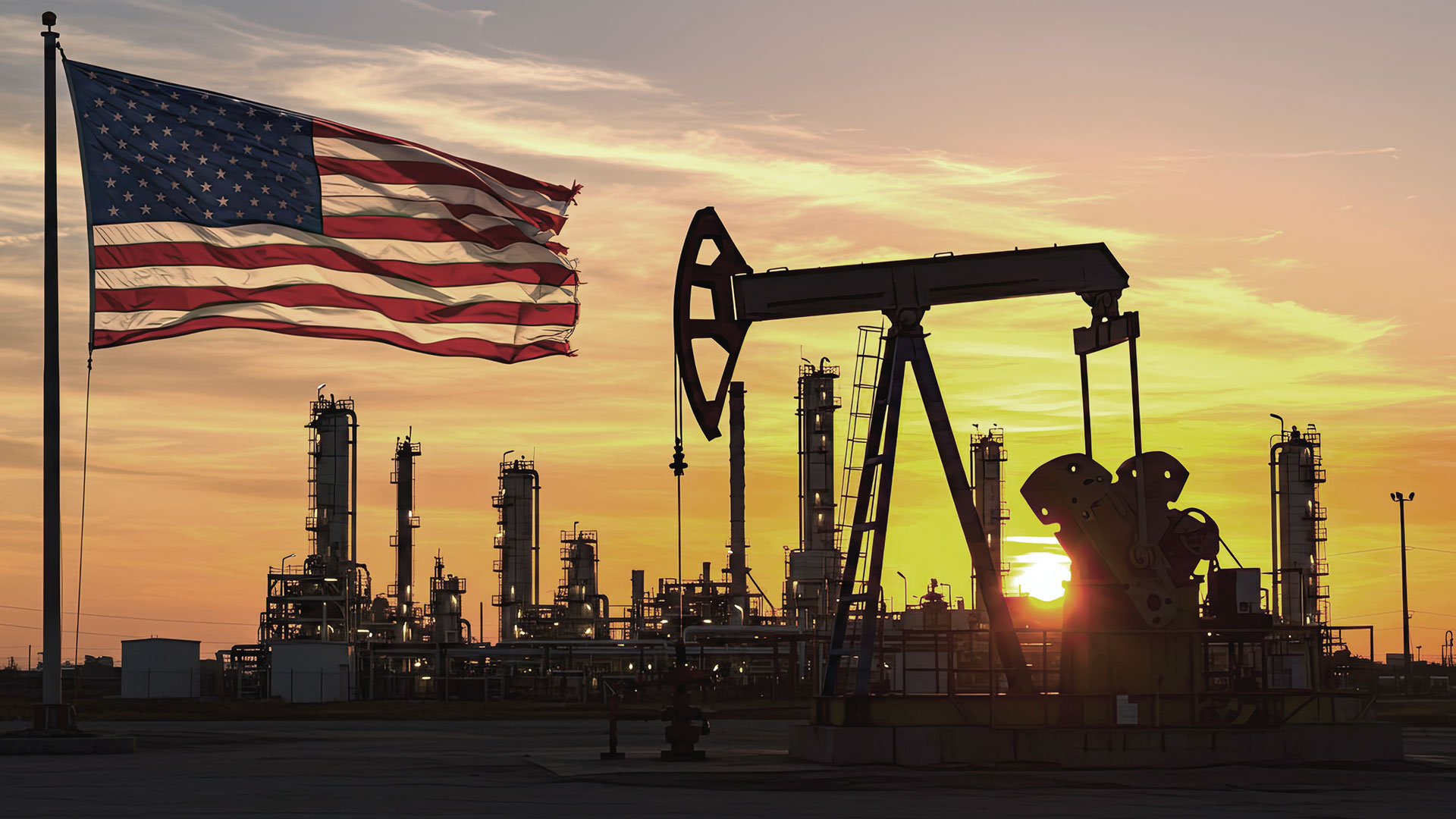 Das Bild zeigt ein Fabrikgelände bei Sonnenuntergang und im Vordergrund eine USA-Flagge wehen.