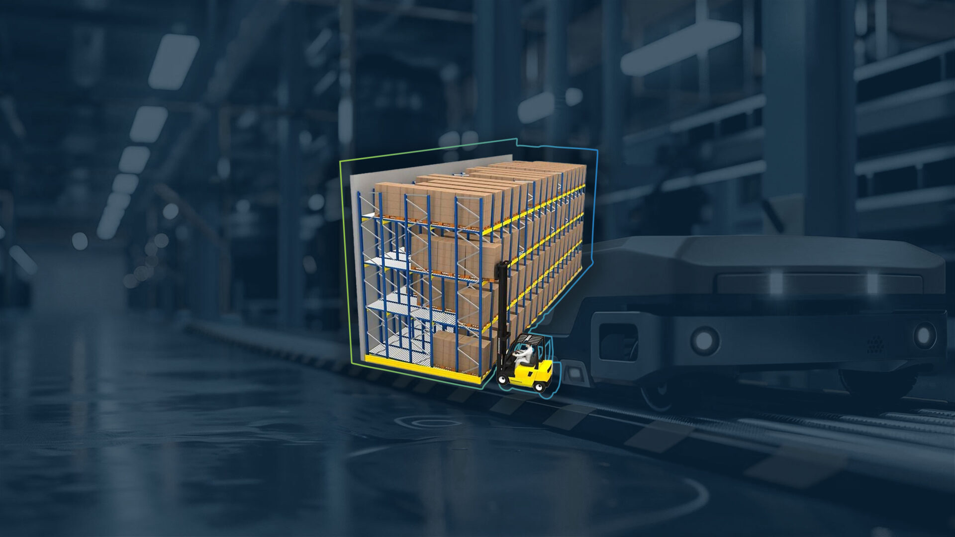 The picture shows an automated push-in rack with pallet shuttle.