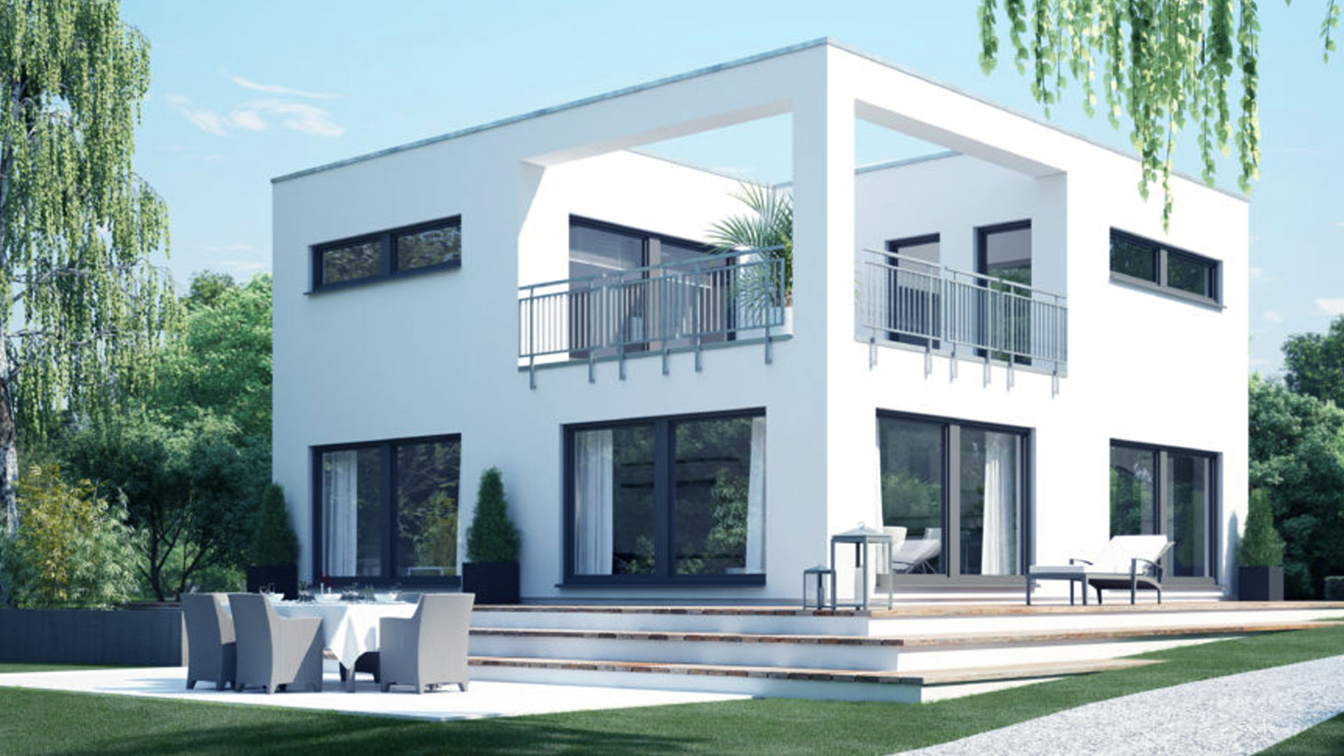 Modernes weißes Fertighaus mit Garten