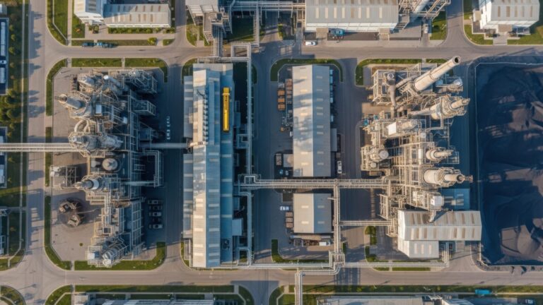 Das Bild zeigt einen weitläufigen Industriekomplex aus der Vogelperspektive, der moderne Infrastruktur und Produktionsanlagen zeigt.