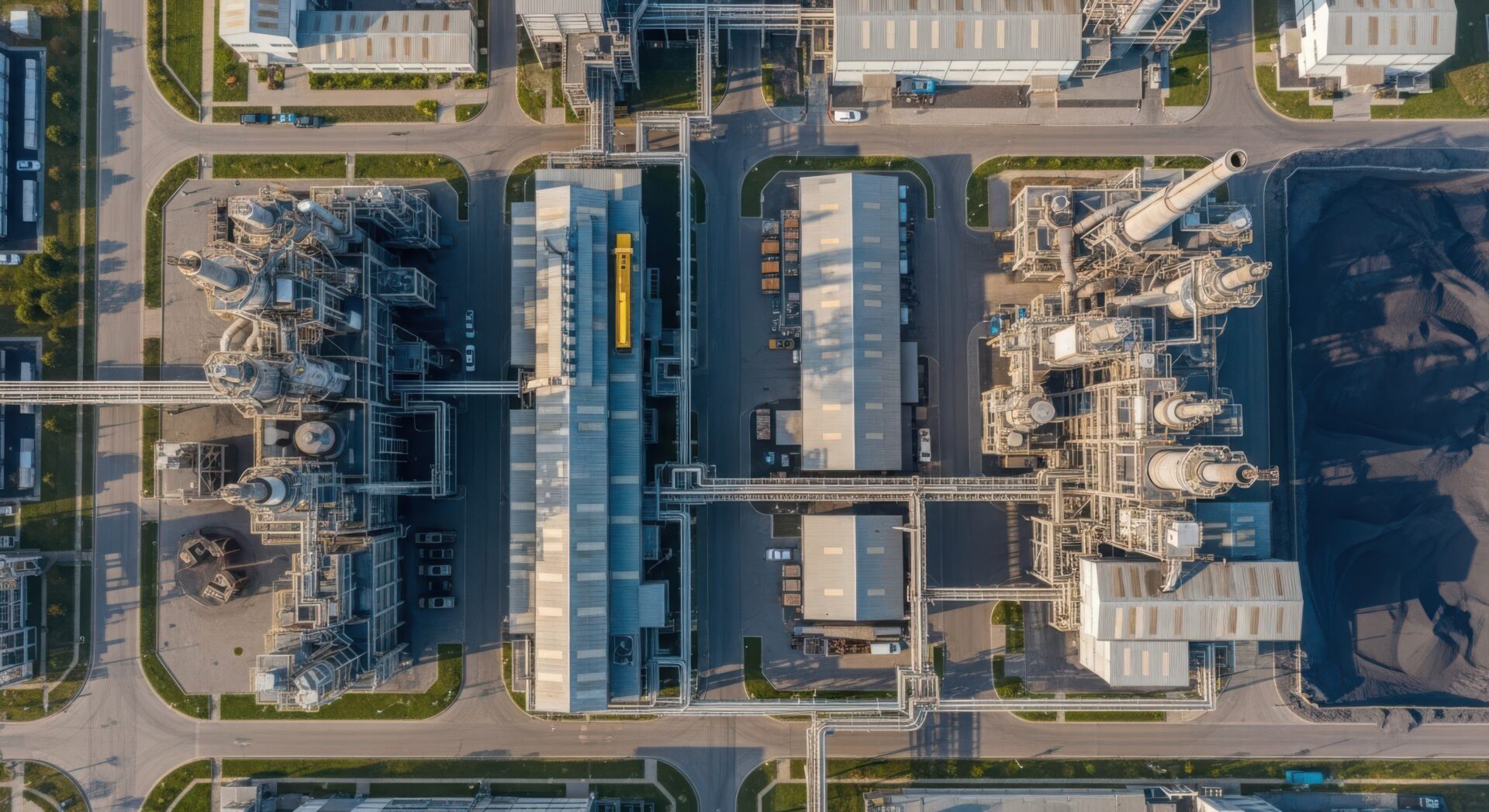 Das Bild zeigt einen weitläufigen Industriekomplex aus der Vogelperspektive, der moderne Infrastruktur und Produktionsanlagen zeigt.
