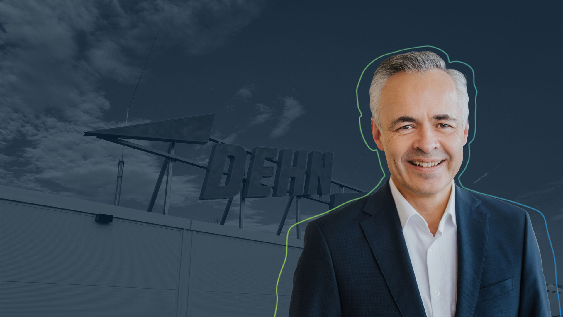 Im Vordergrund ein Portrait von Christian Höhler, CTO der DEHN SE, im Hintergrund das Logo der Dehn SE