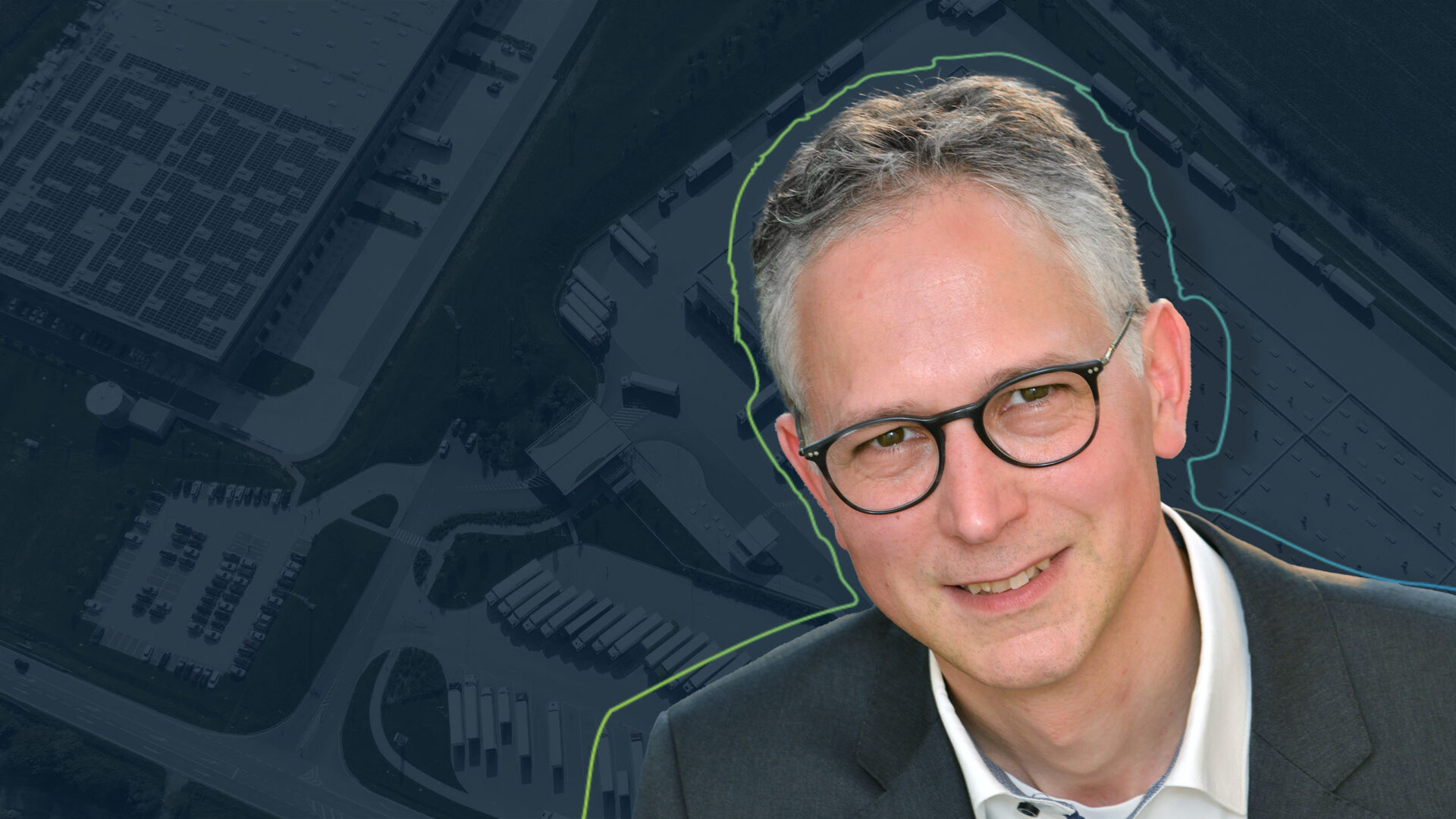 Luftaufnahme eines Industriegebiets mit überlagerter Porträtaufnahme von Dr. Hendrik Schellmann