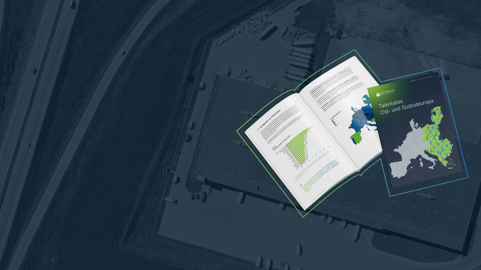 Headerbild zum Download der Studie "Talentatlas Osteuropa und Südosteuropa": Zeigt ein Mockup des Dokuments mit einer Europakarte auf der Titelseite. Über Ost- und Südosteuropa ist dort ein Netz mit Figurenicons gespannt. Dahinter sieht man einen Blick in die Studie mit einem Diagramm.