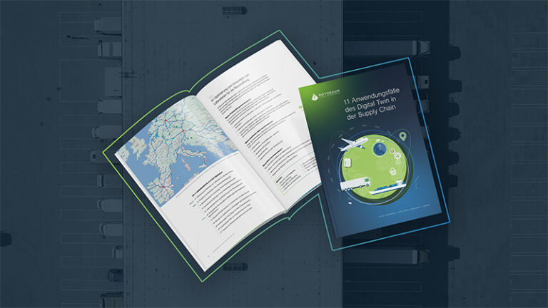 Teaserbild zum White Paper "11 Anwendungsfälle des Digital Twin in der Supply Chain": Zeigt ein Mockup des White Papers vor einem Logistikzentrum von oben