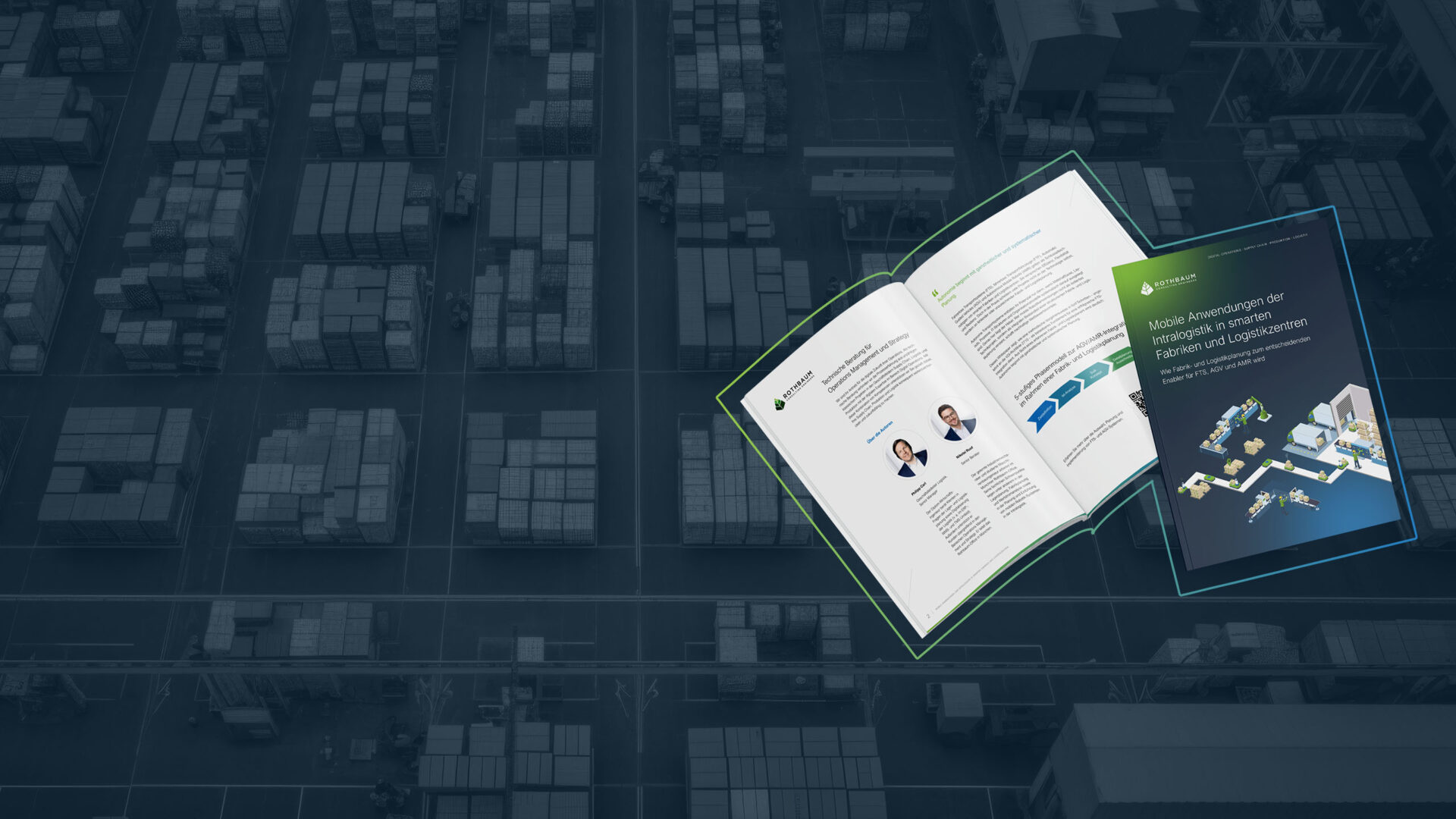 Header zum White Paper "Mobile Anwendungen der Intralogistik": zeigt M ockup des White Papers im Vordergrund und Logistikzentrum der Intralogistik von oben im Hintergrund