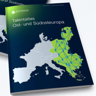 Vorschau zum Download der Studie "Talentatlas Osteuropa und Südosteuropa": Zeigt ein Mockup des Dokuments mit einer Europakarte auf der Titelseite. Über Ost- und Südosteuropa ist dort ein Netz mit Figurenicons gespannt.