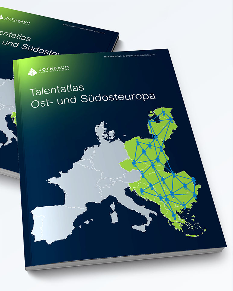 Vorschau zum Download der Studie "Talentatlas Osteuropa und Südosteuropa": Zeigt ein Mockup des Dokuments mit einer Europakarte auf der Titelseite. Über Ost- und Südosteuropa ist dort ein Netz mit Figurenicons gespannt.